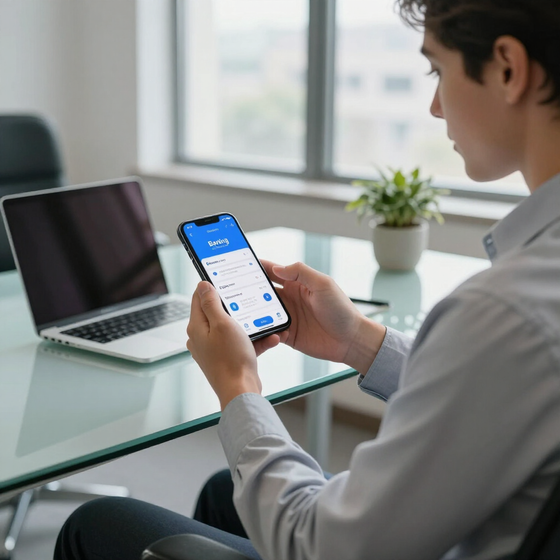 Eine Person in einem hellgrauen Hemd hält ein Smartphone mit blauer App-Oberfläche an einem Glastisch neben einem Laptop und einer kleinen Pflanze.