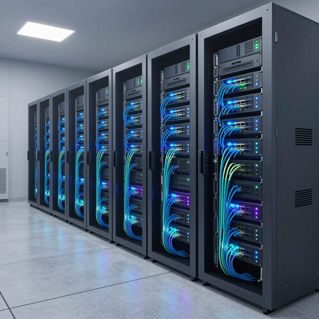 Eine Reihe schwarzer Serverracks in einem hell erleuchteten Rechenzentrum, blaue Kabel leuchten vor dem dunklen Hintergrund der Serverausrüstung.