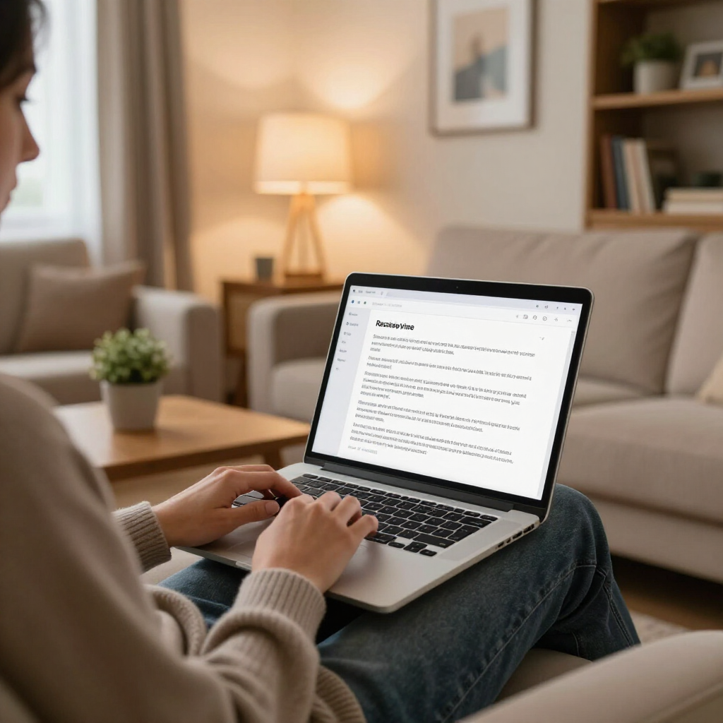 Eine Person sitzt in einem Wohnzimmer und tippt auf einem Laptop, auf dem ein Dokument mit dem Titel „Explore App“ angezeigt wird.