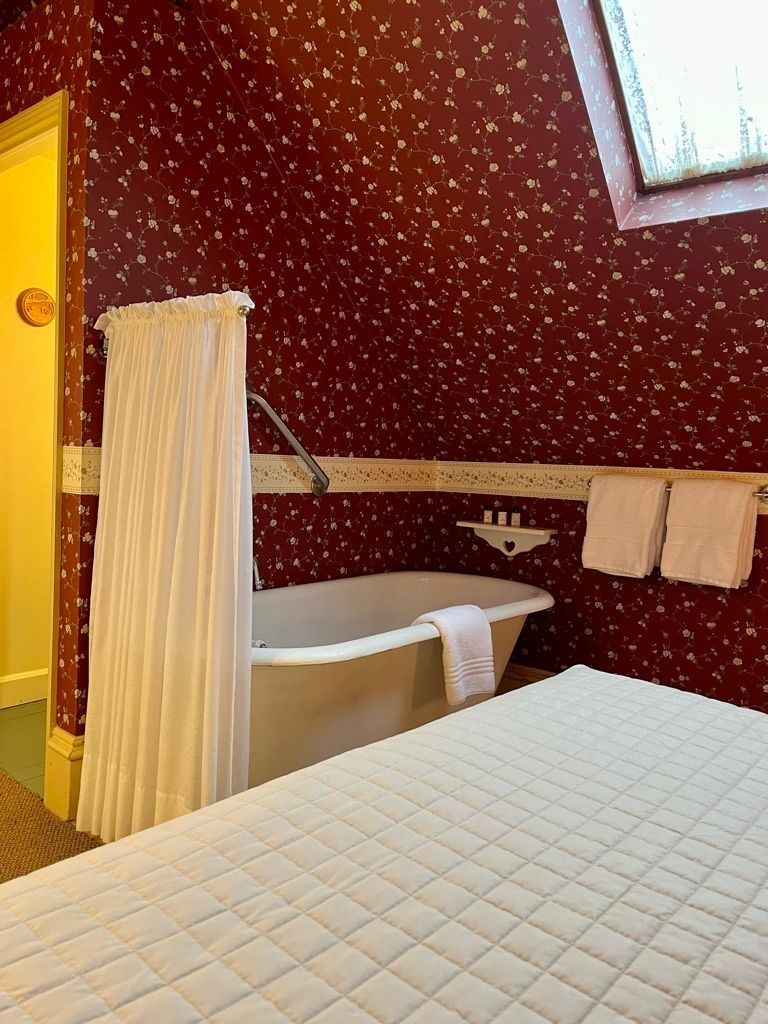 There is a bathtub in the bathroom next to a bed.