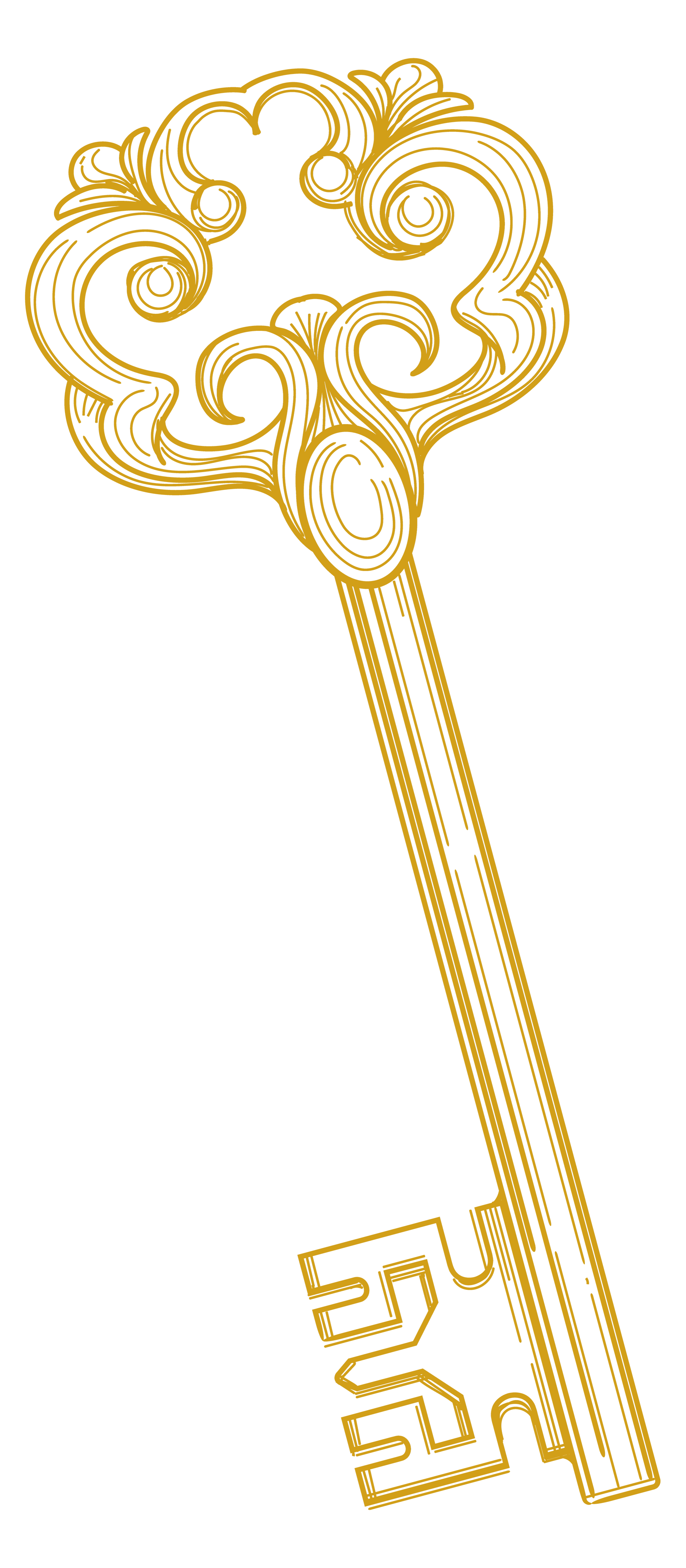 A gold key with swirls on it is on a white background.