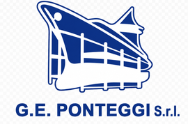 Logo blu di GE Ponteggi Srl con il profilo stilizzato di un'impalcatura e di un edificio.