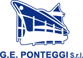 Logo blu e bianco di GE Ponteggi Srl con una struttura di ponteggio stilizzata.