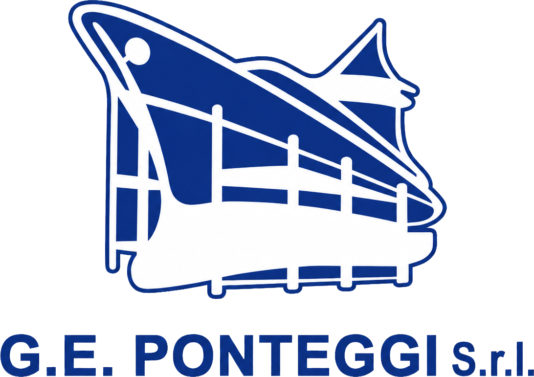Logo blu e bianco di GE Ponteggi Srl con una struttura di ponteggio stilizzata.