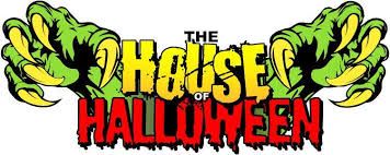 A logo for the house of halloween with monster hands.