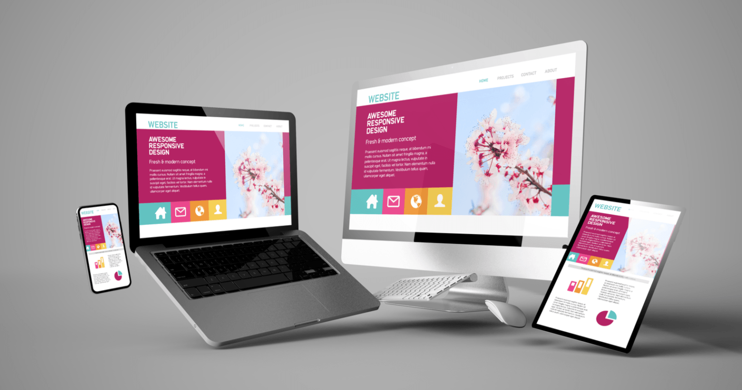 A computer , laptop , tablet , and phone are displaying a website.