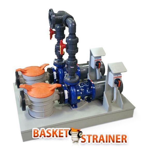 Two blue process pumps and basket strainers on a gray Poly base, with plumbing and valves.