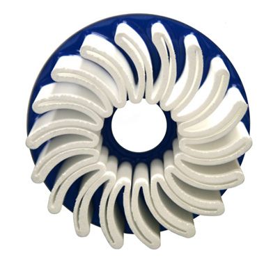 a close up of a blue and white circular back washable filter element on a white background .