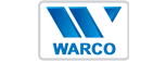 A blue and white logo for warco on a white background.