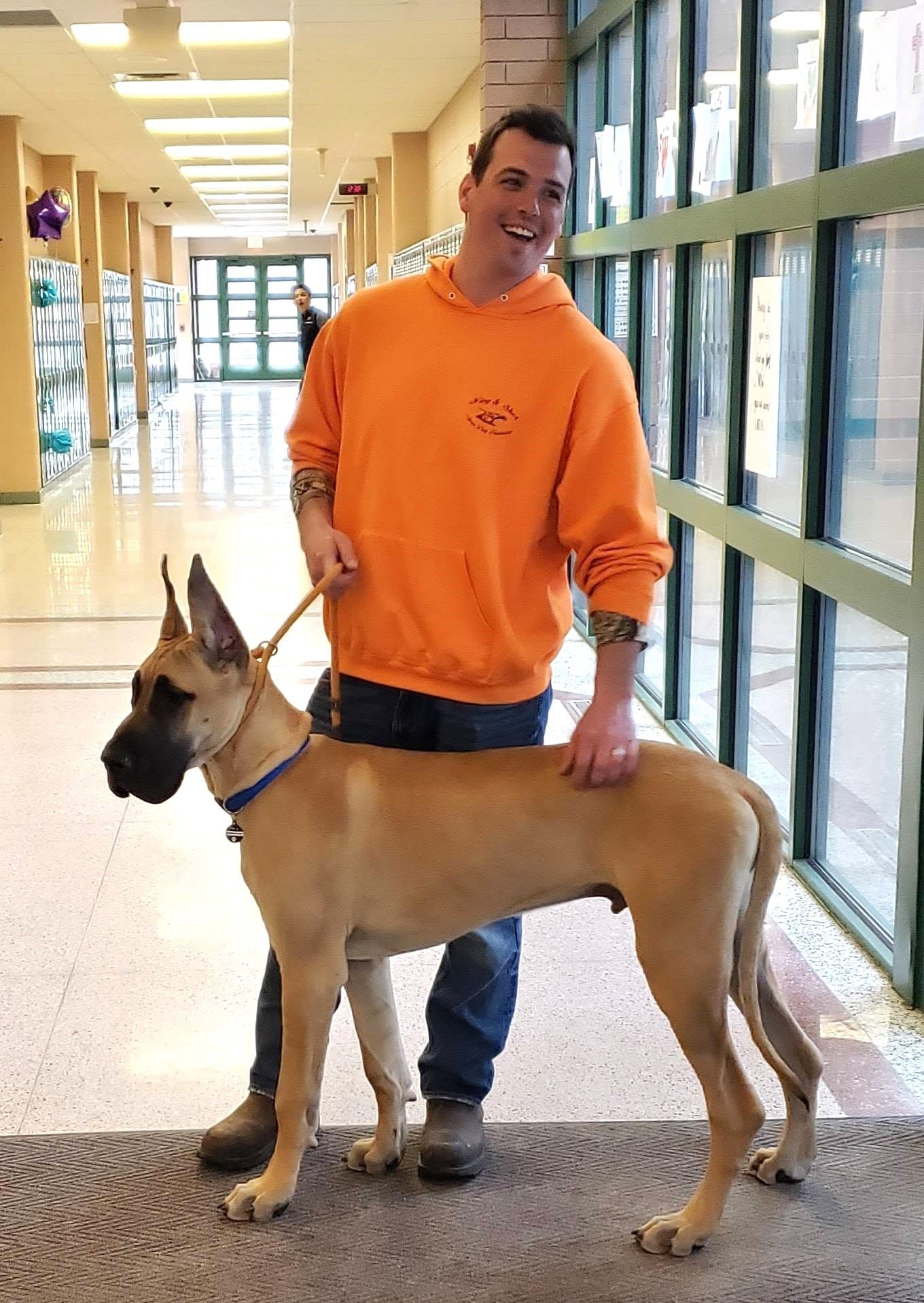 Man in orange shirt standing with a tan Great Dane in a bright hallway