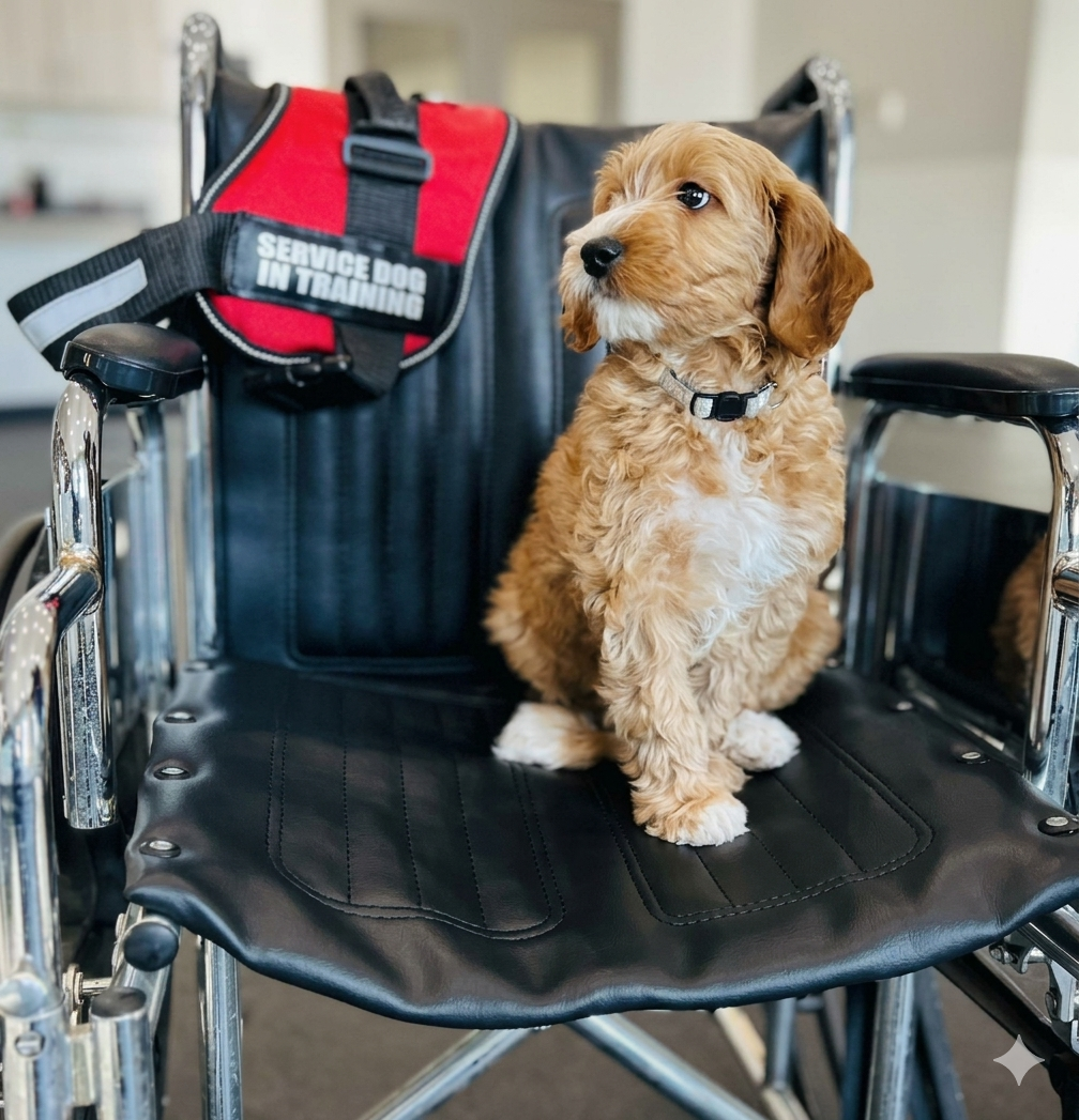 Small brown dog sitting on a black wheelchair, looking right, with a red harness on the backrest