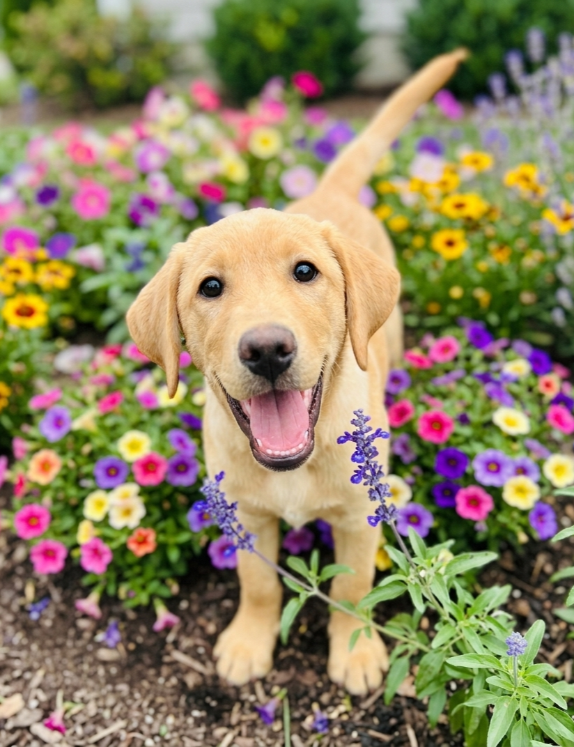 Golden retriever puppy standing in a colorful flower bed with mouth open and tail up