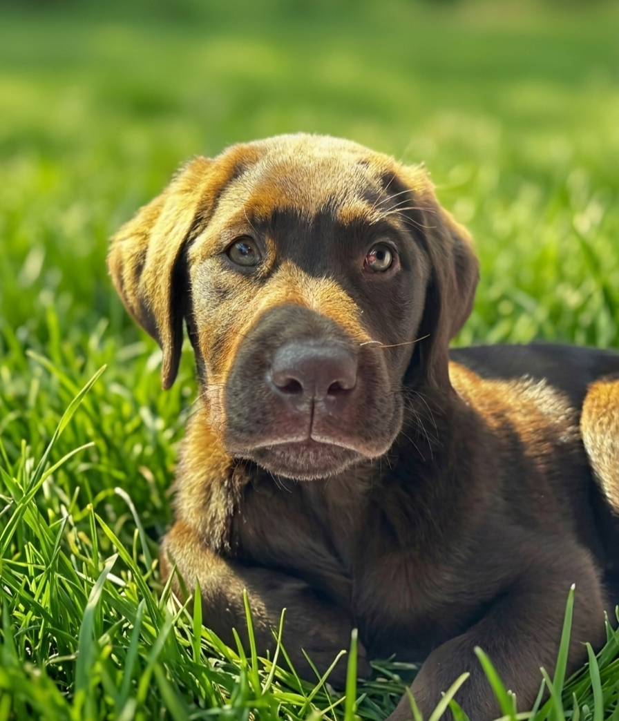 Golden retriever puppy standing in a colorful flower bed with mouth open and tail up