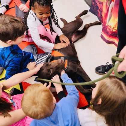 Children pet a brown dog lying on its back indoors, with colorful clothes and a leash visible.