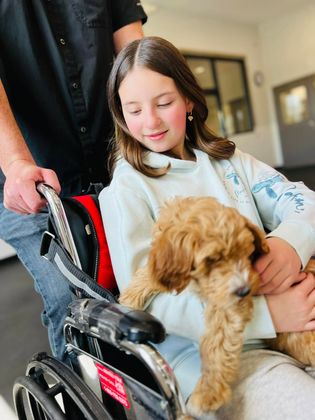 Child in a wheelchair holding a tan puppy, with an adult standing beside them indoors