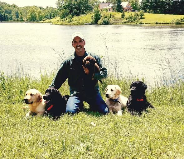 Man sitting on grass by a lake with four dogs, including a black dog in his lap