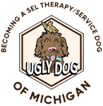 Ugly Dog Michigan logo with brown dog in a hexagon and text “Becoming a SEL Therapy/Service Dog of Michigan”