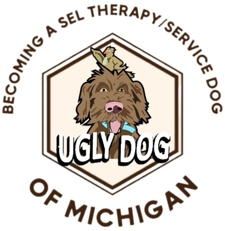 Ugly Dog Michigan logo with brown dog in a hexagon and text &ldquo;Becoming a SEL Therapy/Service Dog of Michigan&rdquo;