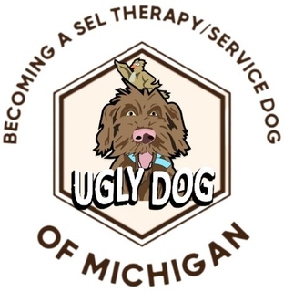 Ugly Dog Michigan logo with brown dog in a hexagon and text “Becoming a SEL Therapy/Service Dog of Michigan”