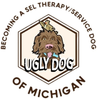 Ugly Dog Michigan logo with brown dog in a hexagon and text “Becoming a SEL Therapy/Service Dog of Michigan”