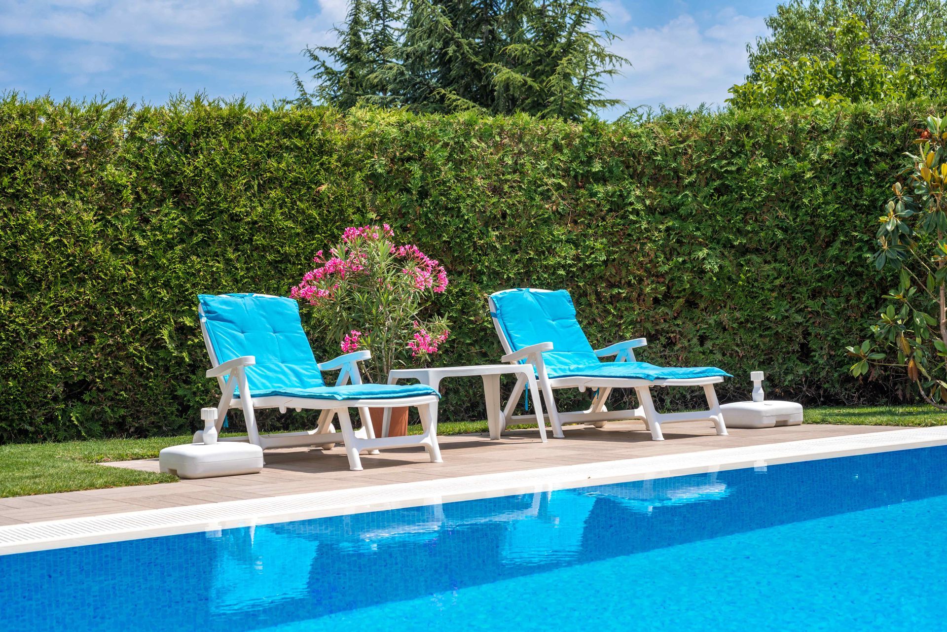 Blue pool with two turquoise lounge chairs, white side tables, and pink flowers beside a green hedge.