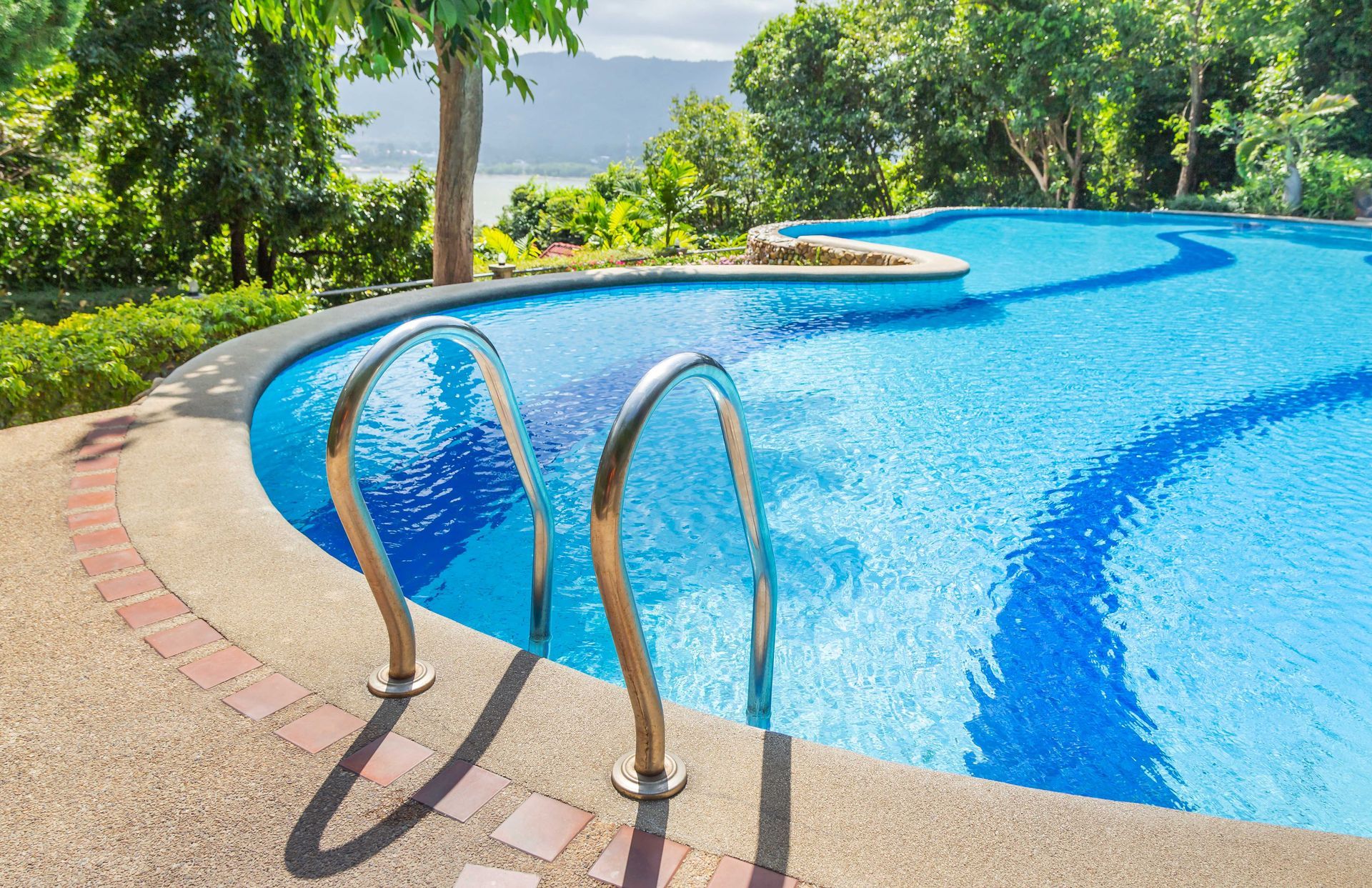 Curved outdoor pool with blue water, stainless ladder, and lush greenery in sunlight