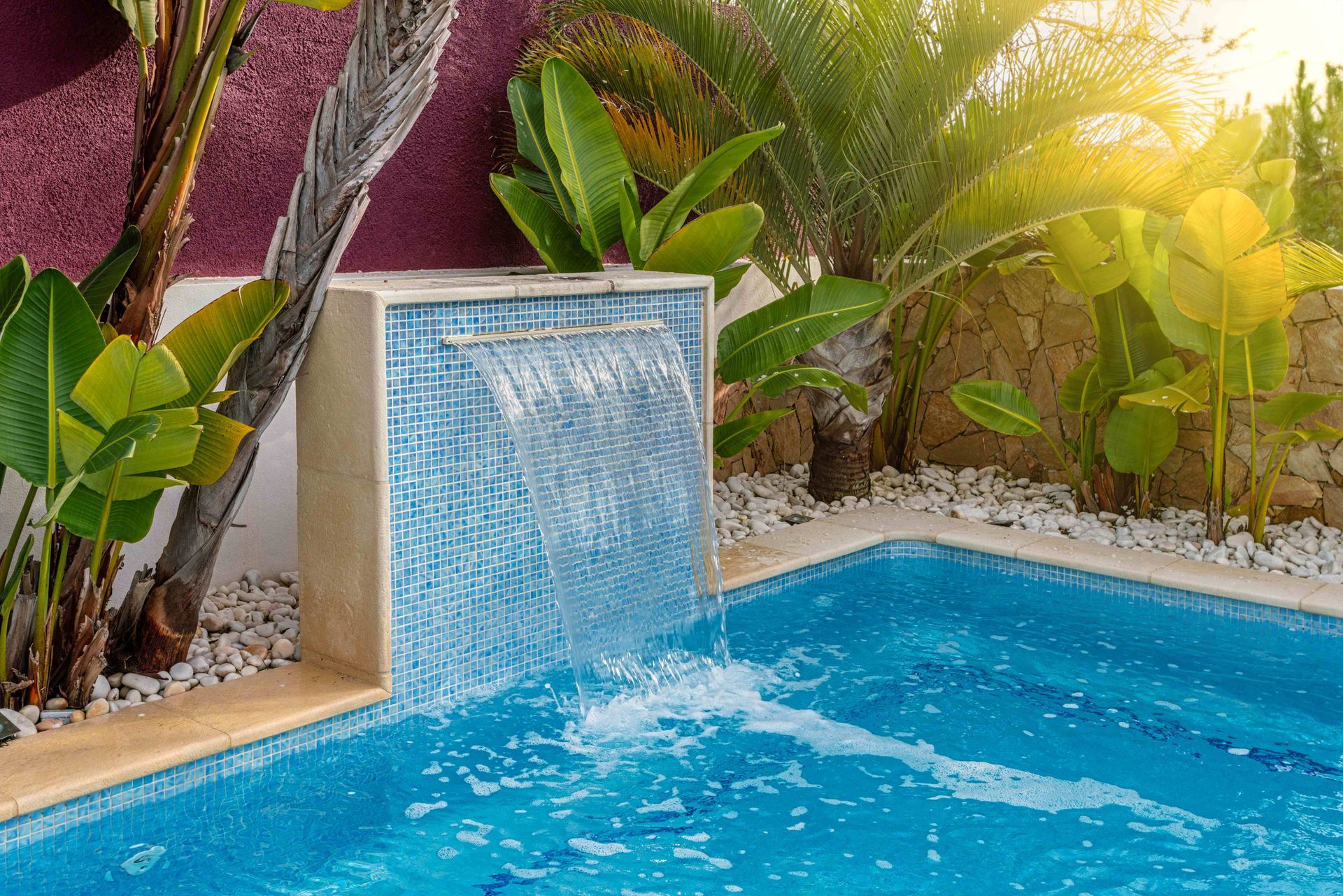 Modern backyard pool with a blue waterfall wall, tropical plants, and white stone edging