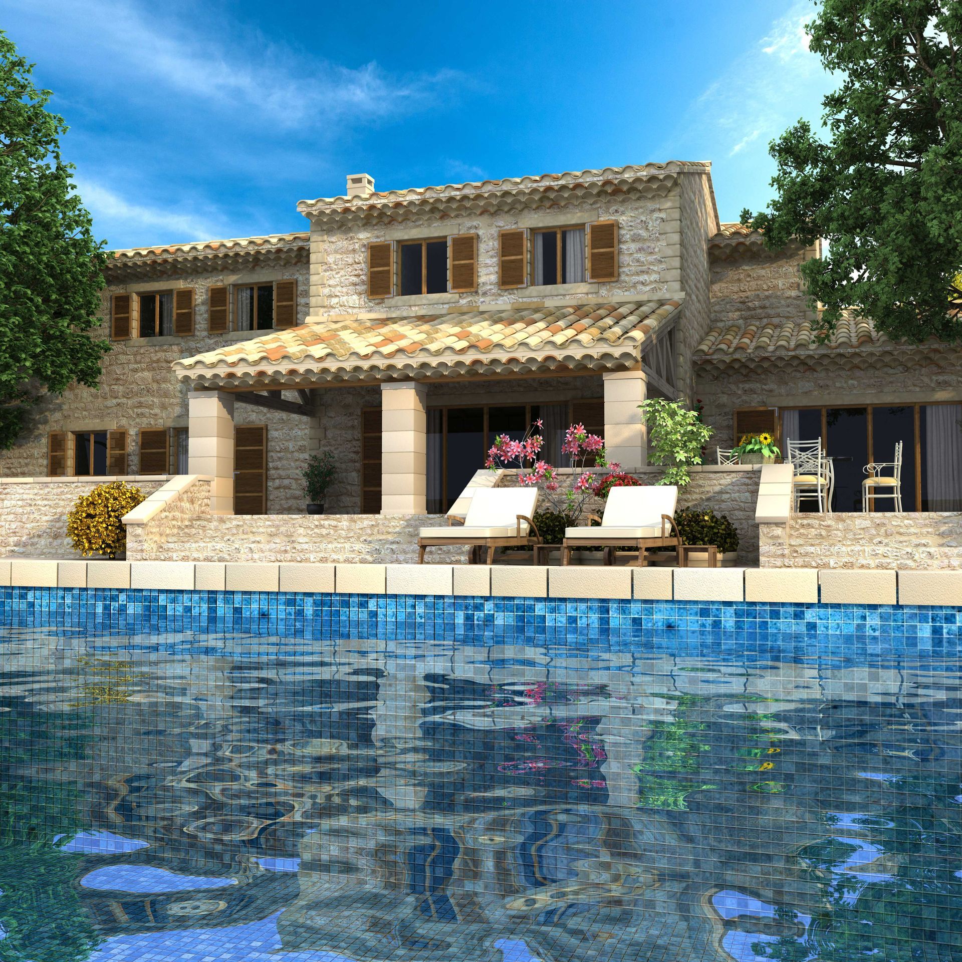 Stone villa with a blue pool, patio seating, and flower boxes under a bright sky