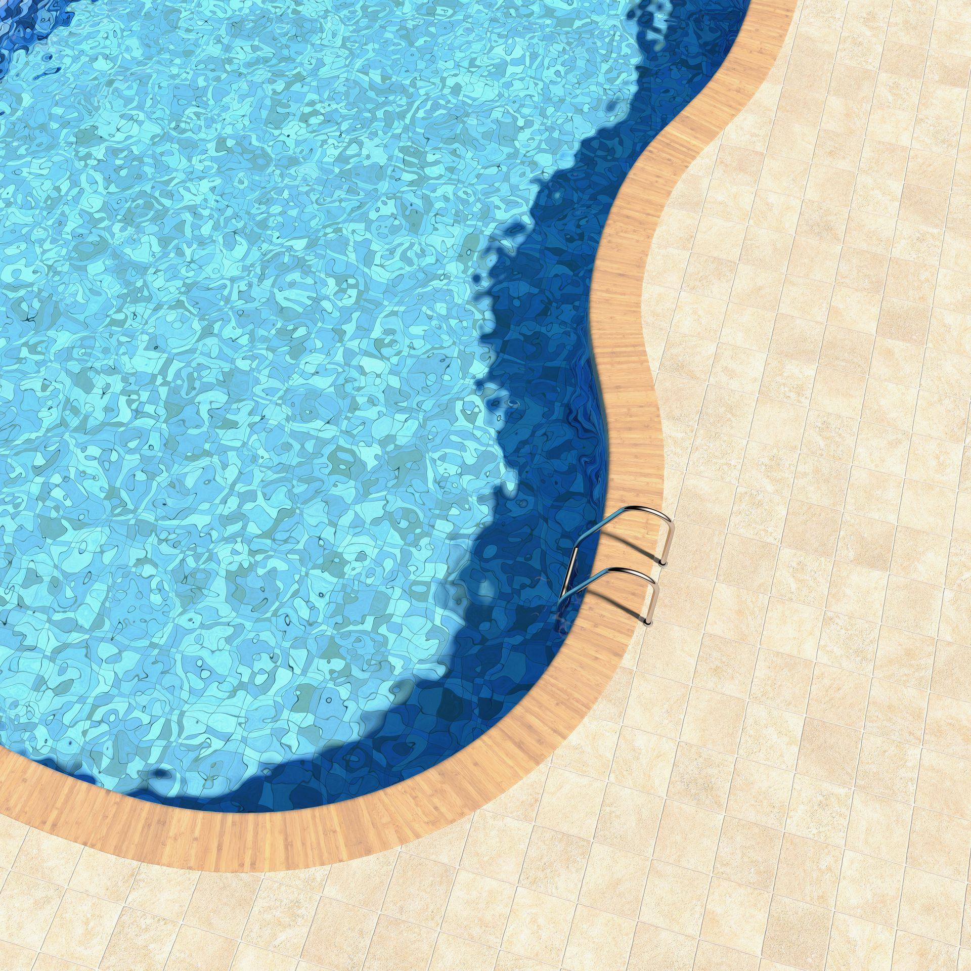 An overhead view of a curved swimming pool with blue water and a beige stone deck, featuring a metal ladder.