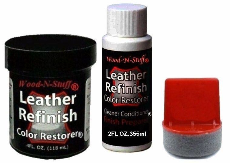 Leather refinishing kit: black jar, white bottle, red applicator.