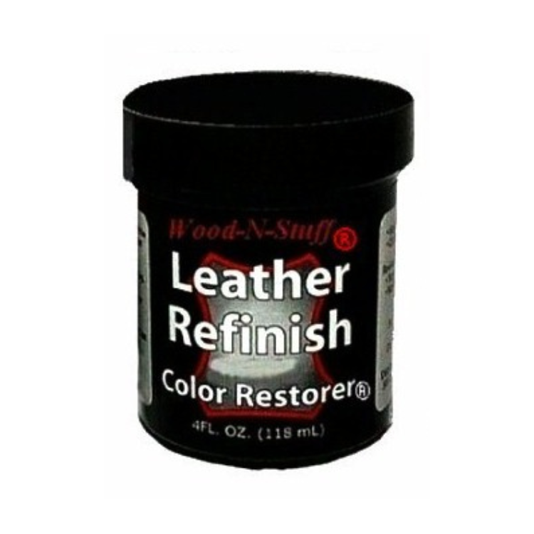 Black jar of Wood-N-Stuff Leather Refinish Color Restorer.
