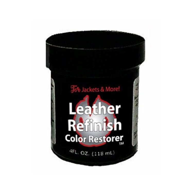 Black jar of leather refinish color restorer. Text: