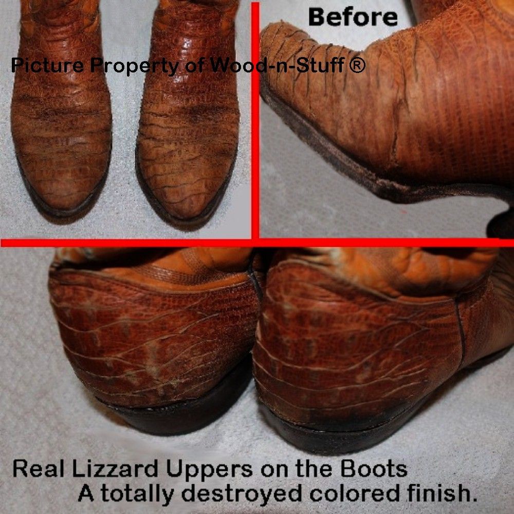 Close-up of lizard skin boots showing a damaged colored finish before restoration.
