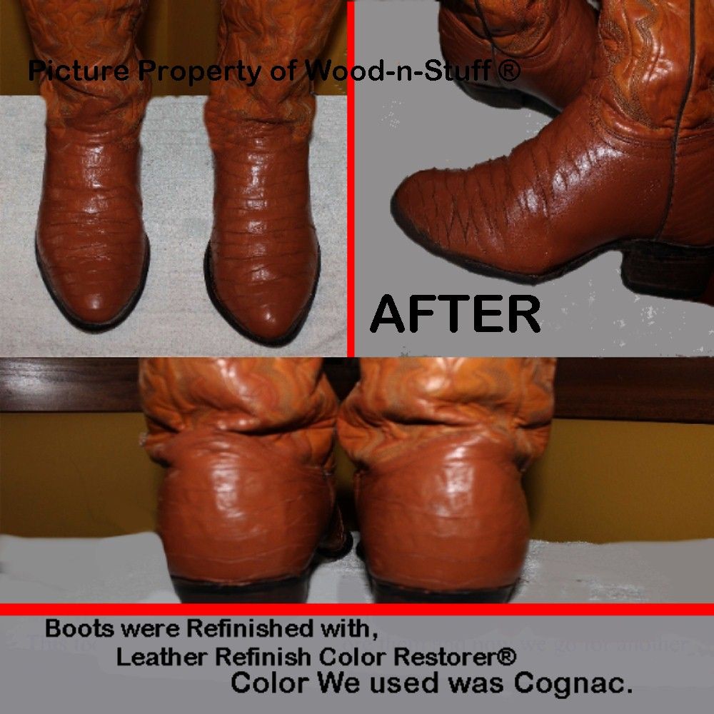 Before and after photos of brown cowboy boots. The