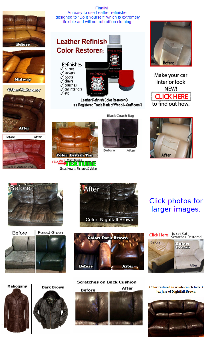 Before and after photos of leather furniture restoration using a leather refinishing product.