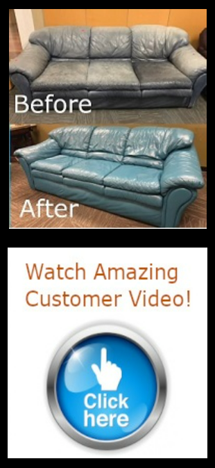 Before-and-after of a leather couch: gray to teal. Call to action to watch a video, click here.