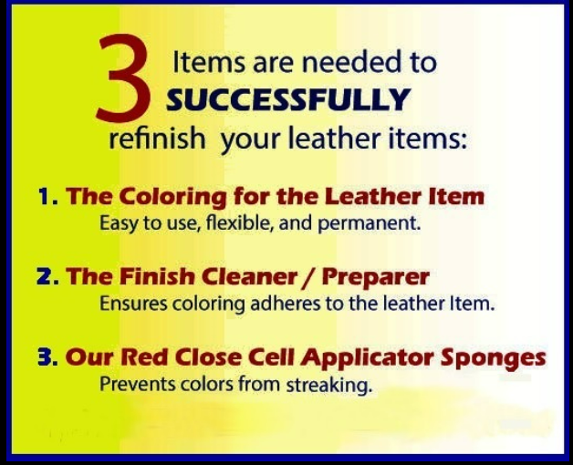 Instructions for refinishing leather items: three steps outlined with text and numbered list.