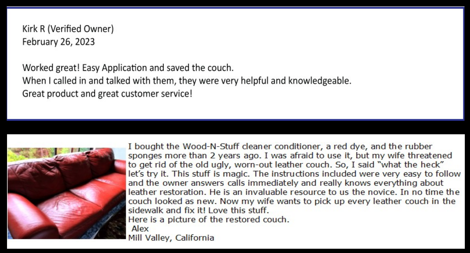 Customer review of a leather couch restoration product. The review is positive, showing before and after.