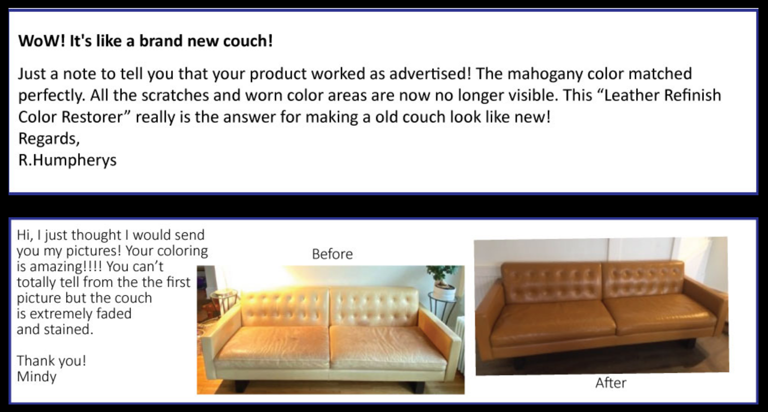 Before-and-after of a couch restored with color restorer; text praising the product and color match.