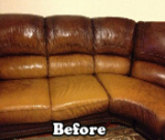 A brown leather sectional sofa, showing uneven wear and color variation before cleaning.