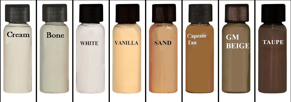 Bottles of liquid makeup in a range of shades from cream to taupe.