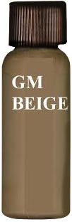 Bottle of GM Beige paint. Brown cap and label with white text.