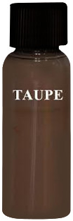 A bottle of taupe-colored paint with a black cap. The word