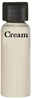 Cream-colored paint in a bottle with a black cap.