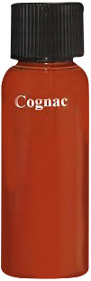 A bottle of cognac-colored liquid with a black cap. The word