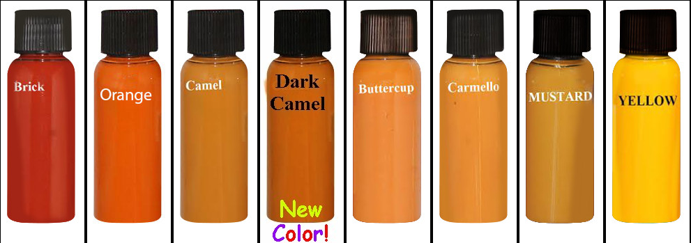 Bottles of paint in brick, orange, camel, dark camel, burnt umber, canada, mustard, and yellow.
