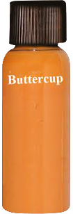A bottle of buttercup-colored paint with a dark brown lid. The word