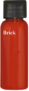 A small bottle of brick-colored paint with a black cap. The word