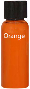 Orange paint bottle with black cap. Label reads