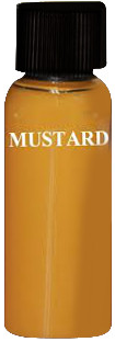 Bottle of mustard-colored paint with black cap. Label reads